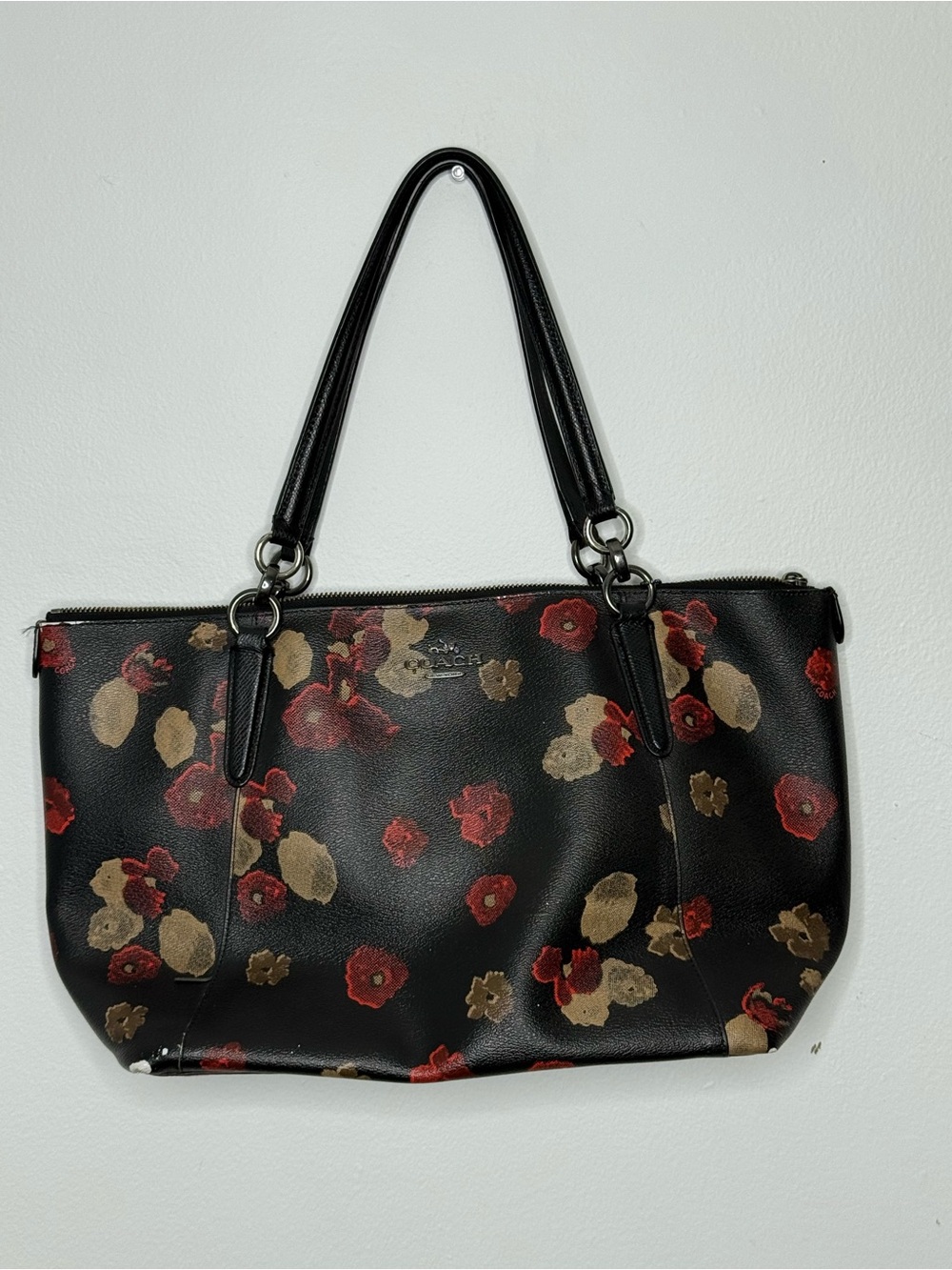 Coach Black Floral Print Leather Shoulder Tote